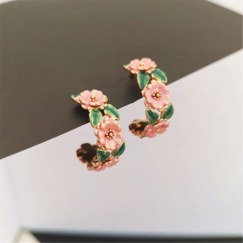 Pink Rose & Leaf - Earring