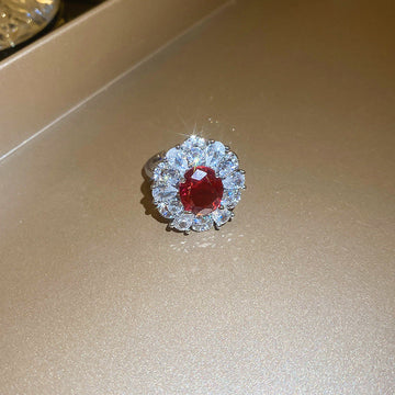 Red & White Diamonds Flower Silver - Ring