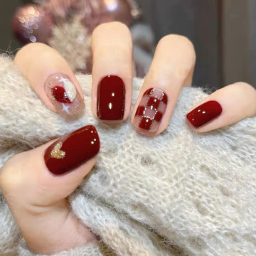Red Maroon Heart & Grid - Press On Nail Set Of 24 - Free 24 Pcs Sticker Sheet Included
