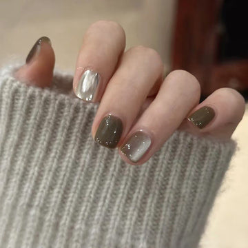 Coffee & Crystal White - Press On Nail Set Of 24 - Free 24 Pcs Sticker Sheet Included