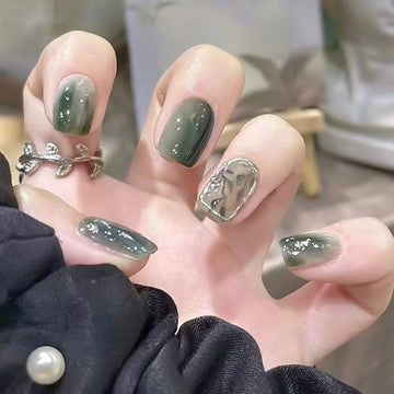 Forest Green - Print Press On Nail Set Of 24 - Free 24 Pcs Sticker Sheet Included