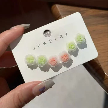 Peach & green Flowers - Ear Studs Set Of 3