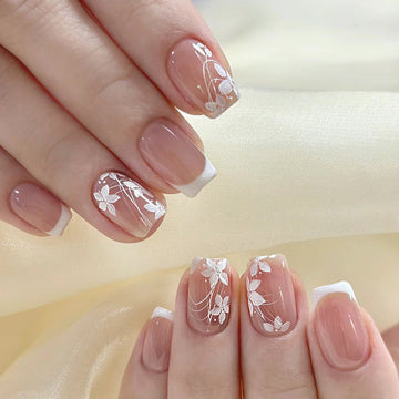 Silver Flowers Pink - Nail Set Of 24- Free 24 Pcs Sticker Sheet Included