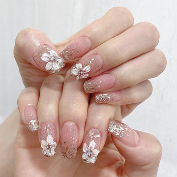 Sakura Flowers Pink - Press On Nail Set Of 24 - Free 24 Pcs Sticker Sheet Included