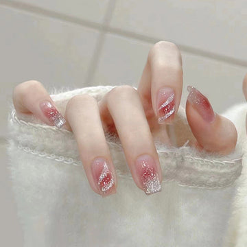 Silver Foiled Sparkles Pink - Press On Nail Set Of 24 - Free 24 Pcs Sticker Sheet Included