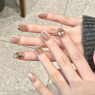 Gold Crystal Diamond Pink - Press On Nail Set Of 24 - Free 24 Pcs Sticker Sheet Included