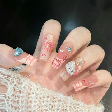 Hello Kitty Pink - Press On Nail Set Of 24 - Free 24 Pcs Sticker Sheet Included