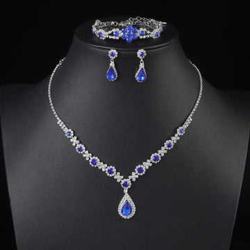 Premium Teardrop Blue Diamonds Silver - Jewelry Set Of 3
