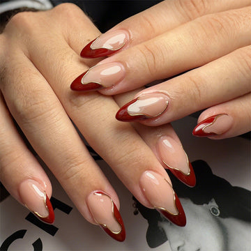 Stylish Red & Foiled - Press On Nail Set Of 24 - Free Nail Kit Included