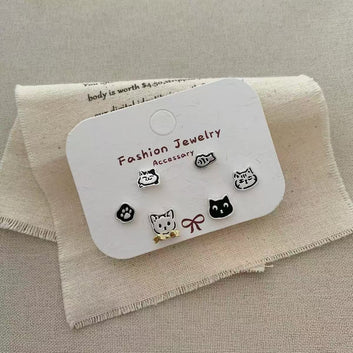 Cat Paw & Fish - Ear Studs Set Of 6