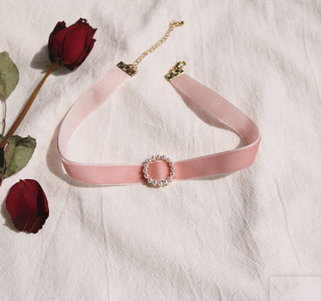 Pink Velvet Neck Round Pearl - Necklace