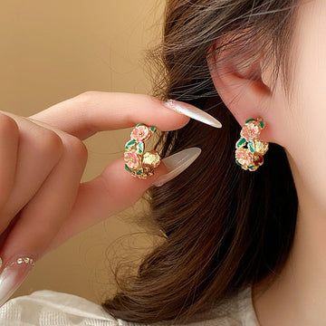 Pink Rose & Leaf - Earring