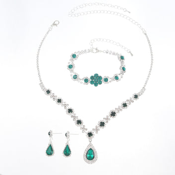 Premium Teardrop Emerald Green Diamonds Silver - Jewelry Set Of 3