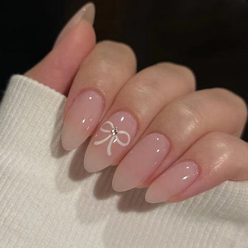 Pastel Pink Bow - Press On Nail Set Of 24 - Free 24 Pcs Sticker Sheet Included