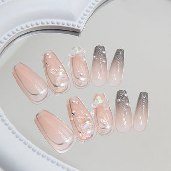 Fantasy Butterfly & Pearl - Press On Nail Set Of 24 - Free 24 Pcs Sticker Sheet Included