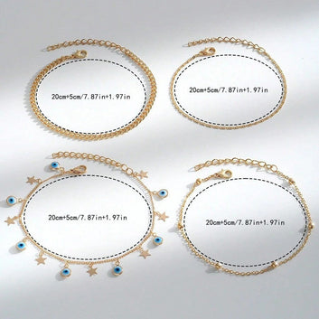 Star Charms & Gold Chain - Anklet Set Of 4
