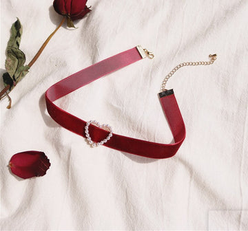 Maroon Velvet Neck Heart - Necklace
