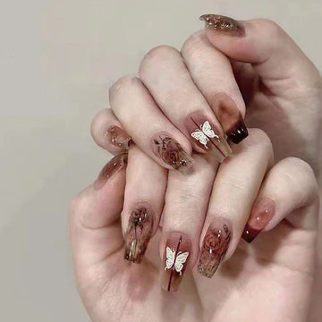 Chocolate Brown Sparkle Butterfly - Press On Nail Set Of 24 - Free 24 Pcs Sticker Sheet Included