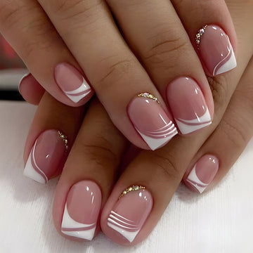 Pink & White Gold Foil Diamond - Press On Nail Set Of 24 - Free 24 Pcs Sticker Sheet Included