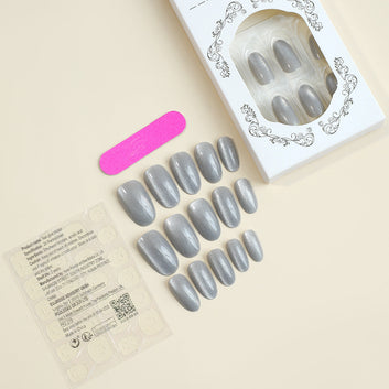 Grey Shiny - Press On Nail Set Of 24 - Free Nail Kit Included