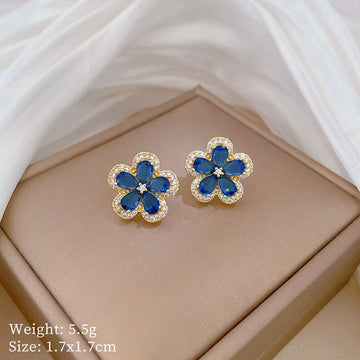 Luxury Blue Diamond Flower Gold - Earring