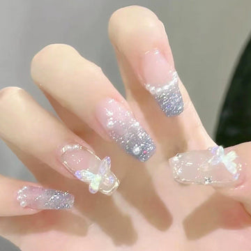 Fantasy Butterfly & Pearl - Press On Nail Set Of 24 - Free 24 Pcs Sticker Sheet Included