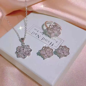 Sparkle Diamond Flower Silver - Jewelry Set