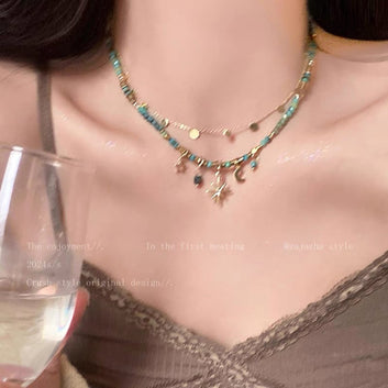 Moon & Star Sparkle Watercolor Stones - Necklace Set of 2