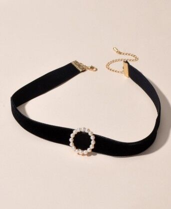 Black Velvet Neck Round Pearl - Necklace