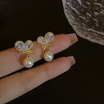 Crystal Heart Bow Pearl - Earring