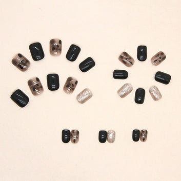 Fancy Foiled Black & Mix - Press On Nail Set Of 24 - Free 24 Pcs Sticker Sheet Included
