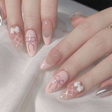 Pastel Pink Bow - Press On Nail Set Of 24 - Free 24 Pcs Sticker Sheet Included