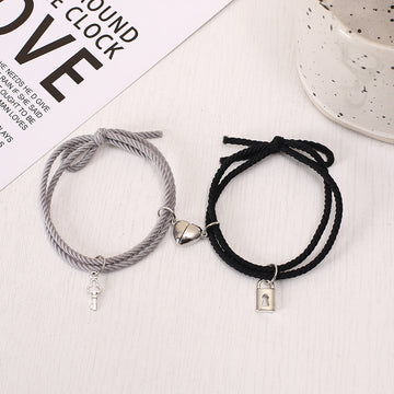 Grey & Black Lock & Key Magnetic Heart - Bracelet Set