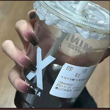 Black & Morandi Pink - Press On Nail Set Of 24 - Free 24 Pcs Sticker Sheet Included