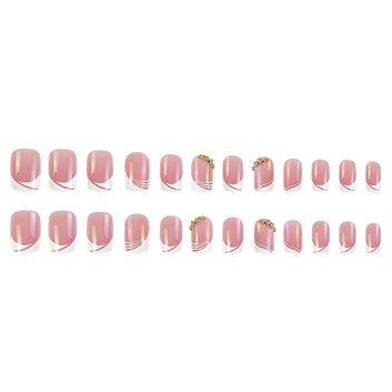 Pink & White Gold Foil Diamond - Press On Nail Set Of 24 - Free 24 Pcs Sticker Sheet Included