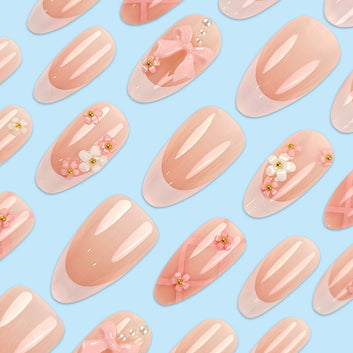Bow Pastel - Press On Nail Set Of 24 - Free 24 Pcs Sticker Sheet Included