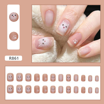 Cute Cat & Paw - Press On Nail Set Of 24 - Free 24 Pcs Sticker Sheet Included