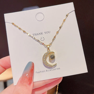 Starry Sparkle Diamond Moon - Necklace