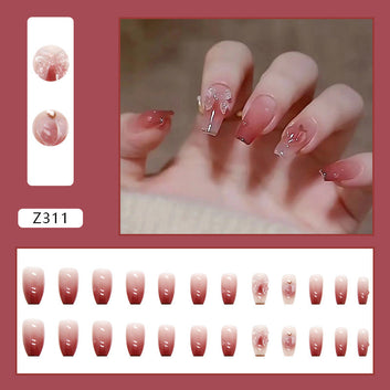Shiny Butterfly Dark Pink - Press On Nail Set Of 24 - Free 24 Pcs Sticker Sheet Included