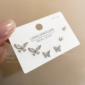 Pearl & Butterfly Silver - Ear Studs Set Of 6