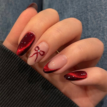Red Bow - Press On Nail Set Of 24 - Free Nail Kit Included