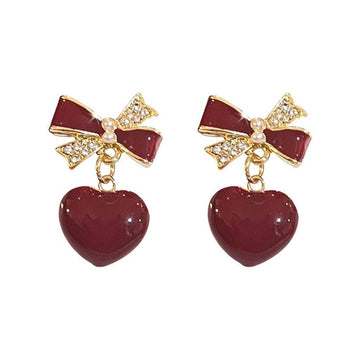 Maroon Bow Heart - Earring