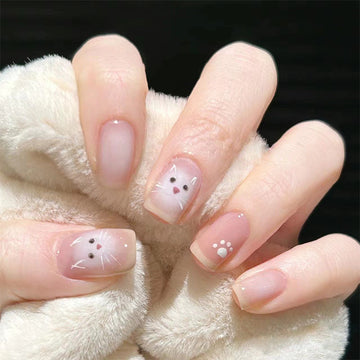 Cute Cat & Paw - Press On Nail Set Of 24 - Free 24 Pcs Sticker Sheet Included