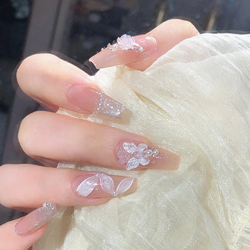 Butterfly Lace Pearl - Press On Nail Set Of 24 - Free 24 Pcs Sticker Sheet Included