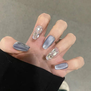 Glacier & Crystal Diamonds- Press On Nail Set Of 24 - Free 24 Pcs Sticker Sheet Included