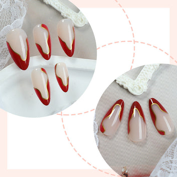 Stylish Red & Foiled - Press On Nail Set Of 24 - Free Nail Kit Included