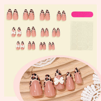Bow & Leopard Print - Press On Nail Set Of 24 - Free Nail Kit Included