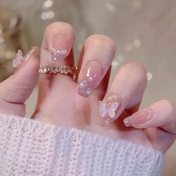 Pearl & Butterfly Shiny Pink - Press On Nail Set Of 24 - Free 24 Pcs Sticker Sheet Included