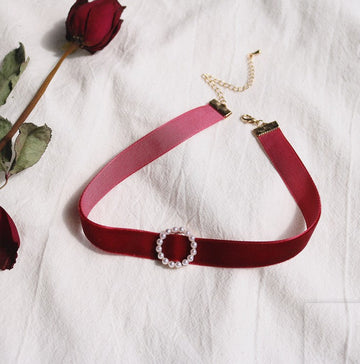 Maroon Velvet Neck Round Pearl - Necklace