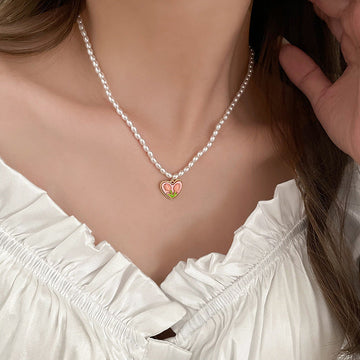 Pearls & Pink Flower Heart - Necklace